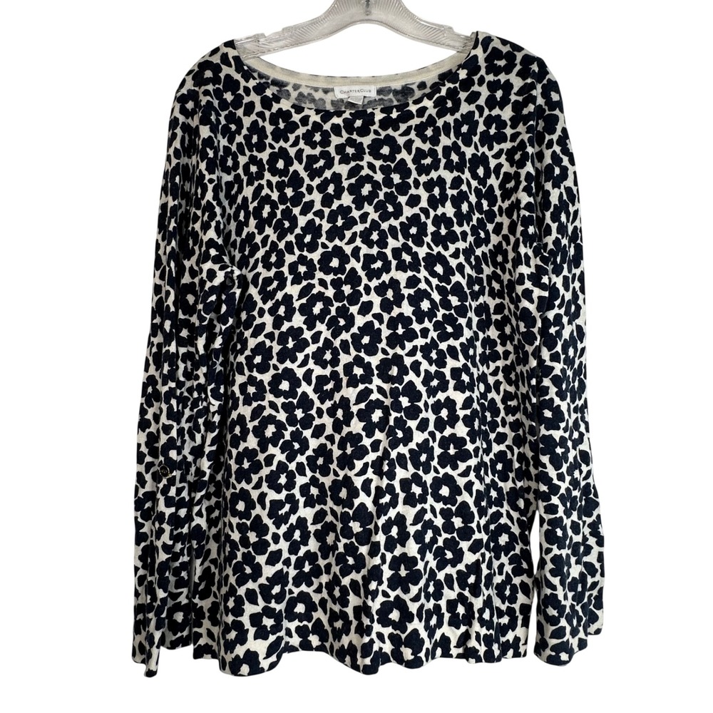 Charter Club Navy White Floral Cotton Wool Blend Roll Tab Sleeve Sweater XL